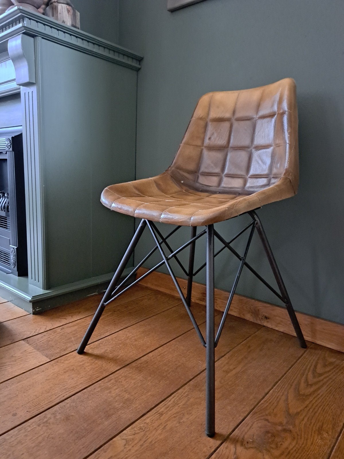 Set van 4 vintage leren eetkamerstoelen, Ophalen, Gebruikt, Bruin, Vintage, Industrieel, Retro