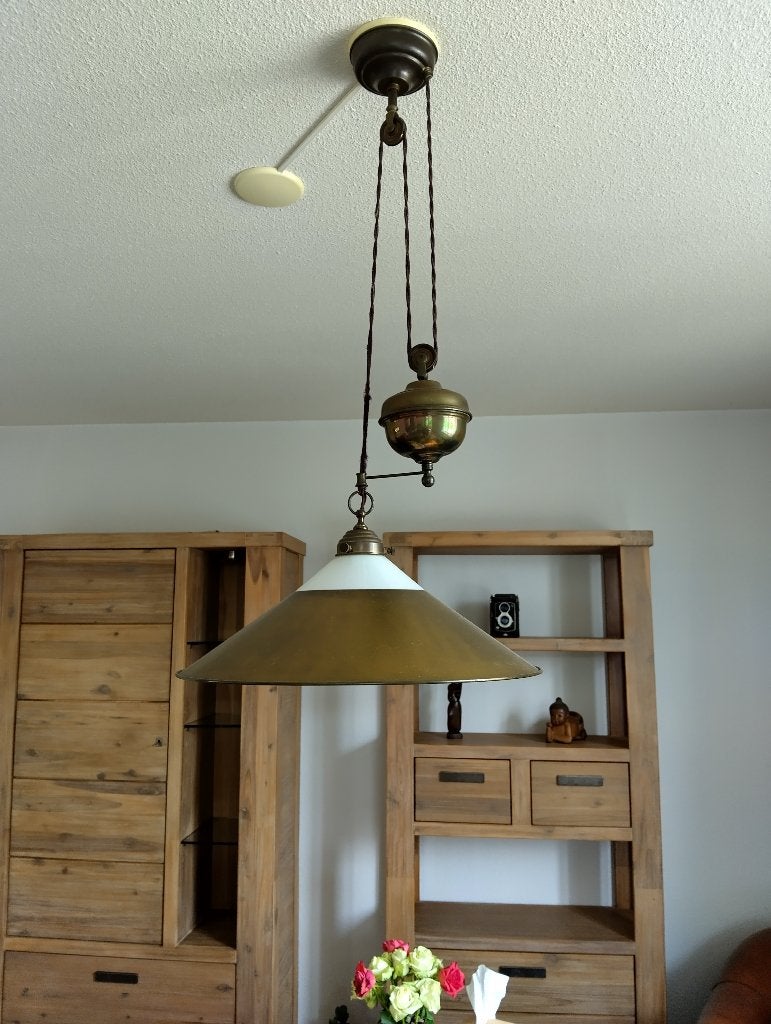Nostalgische hanglamp koper rond 45 cm., Antiek en Kunst, Ophalen
