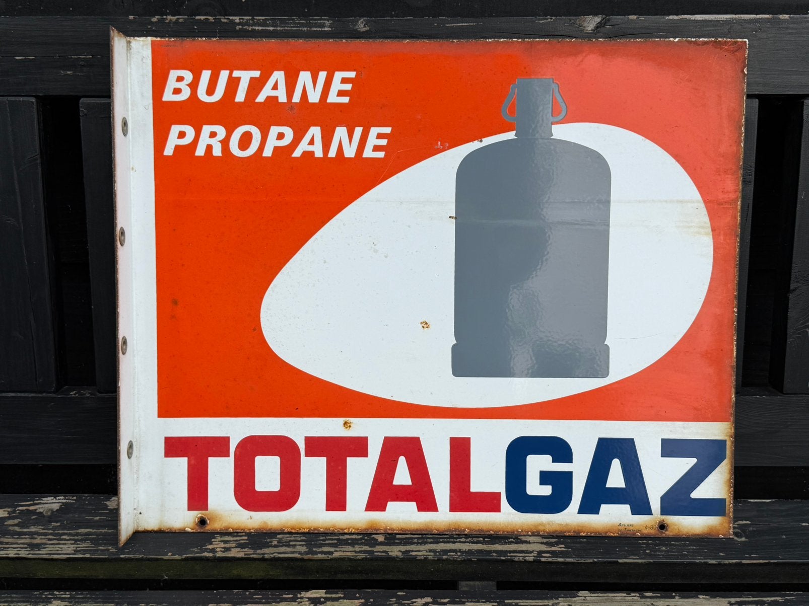 Vintage emaille reclamebord bord totalgaz, Ophalen, Gebruikt, Reclamebord