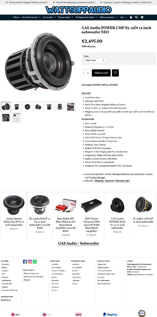 GAS Audio POWER CMP S3-12D1 12 inch subwoofer NEO 8000WRMS, Info@optimount.nl, Nieuw, Ophalen of Verzenden, Anholtseweg 48A 7091 HB DINXPERLO