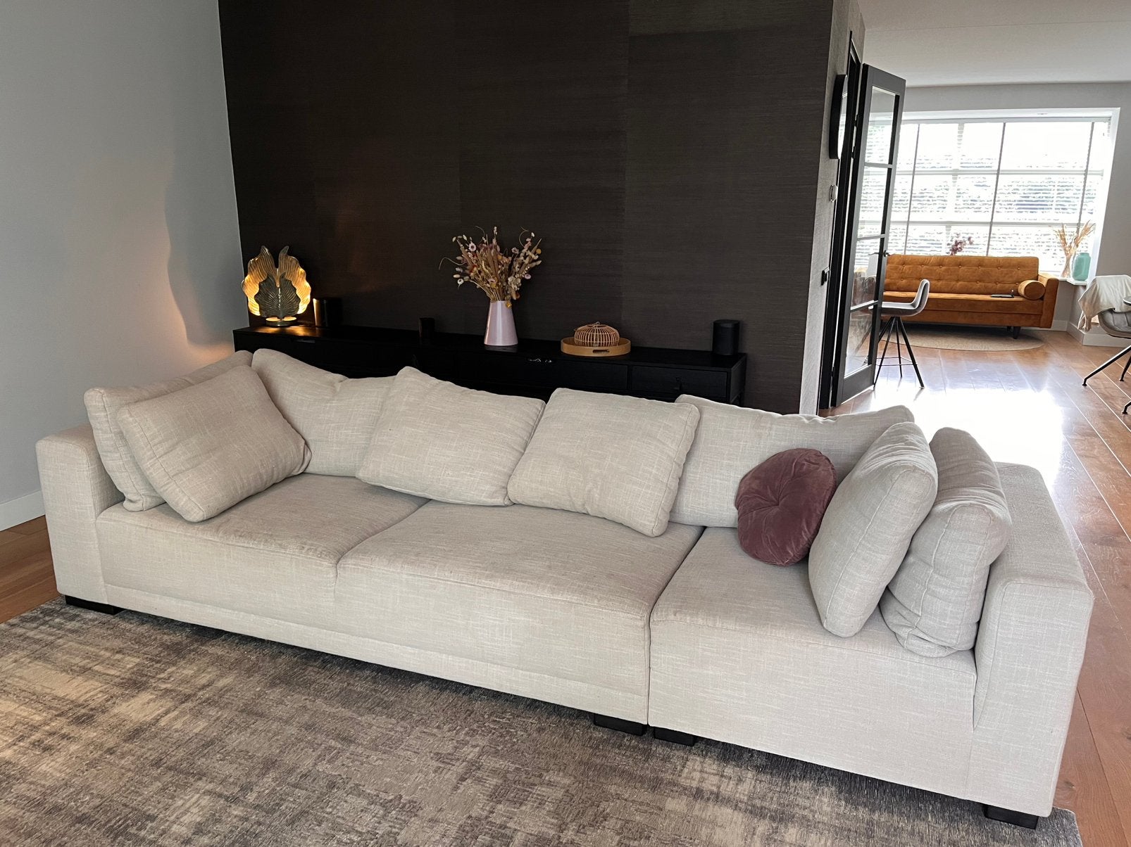 Grote moderne stoffen bank - Beige/Lichtgrijs, Huis en Inrichting, Ophalen, Gebruikt, 100 tot 125 cm, 300 cm of meer