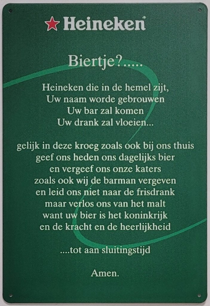 Heineken gebed biertje reclamebord van metaal wandbord deco