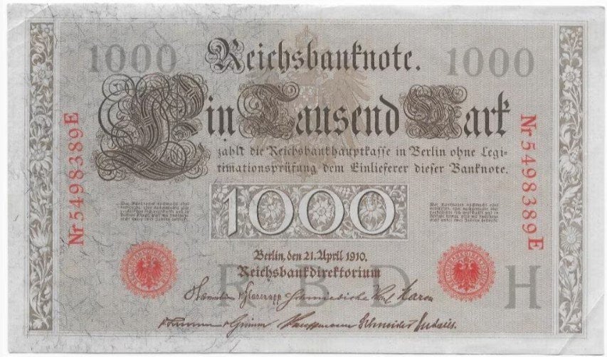 1000 Mark 1910 Reichsbanknote; two red seals 89E, Postzegels en Munten, Verzenden, Duitsland, Los biljet