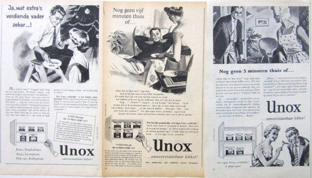 8 vintage advertenties reclames Unox 56-57 lekker eten, Ophalen of Verzenden, Gebruikt, Overige typen