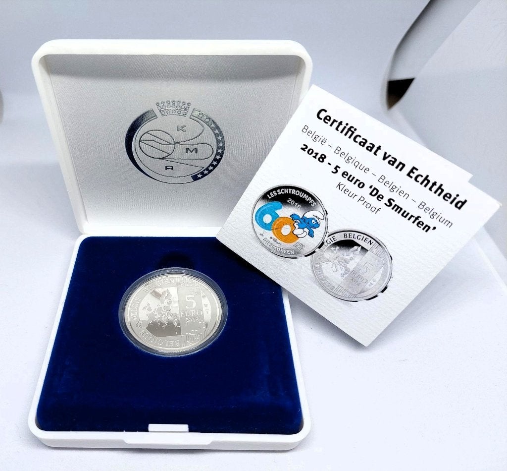 Gekleurde 5 euro munt 60 jaar smurfen 2018 Belgïe KMR, Zilver, Ophalen of Verzenden, Losse munt, Zilver