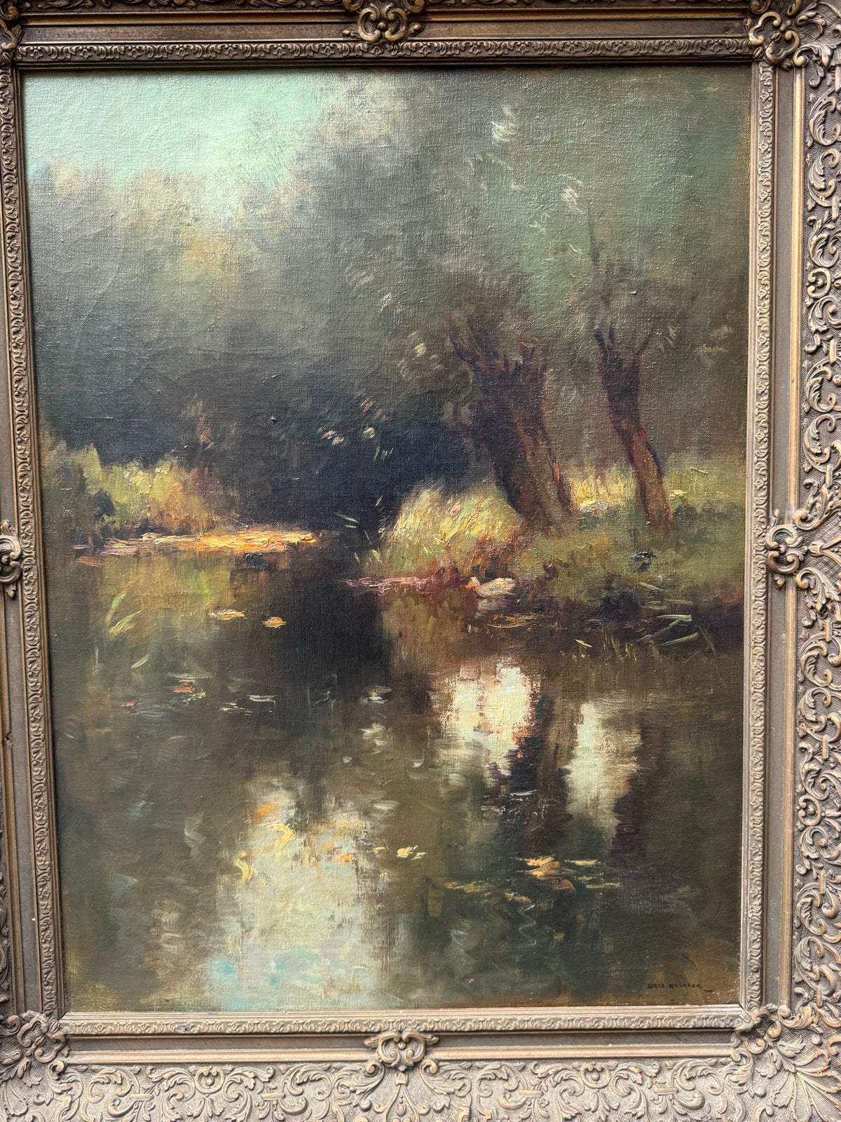 Landschap met Water en Bomen - Gesigneerd Aris Knikker, Doek, Realistisch, Ophalen of Verzenden, Gesigneerd