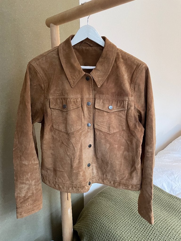 Noisy May, suede jas XL, gebruikt, cognac leer, Ophalen, Bruin, Maat 42/44 (L), Gedragen