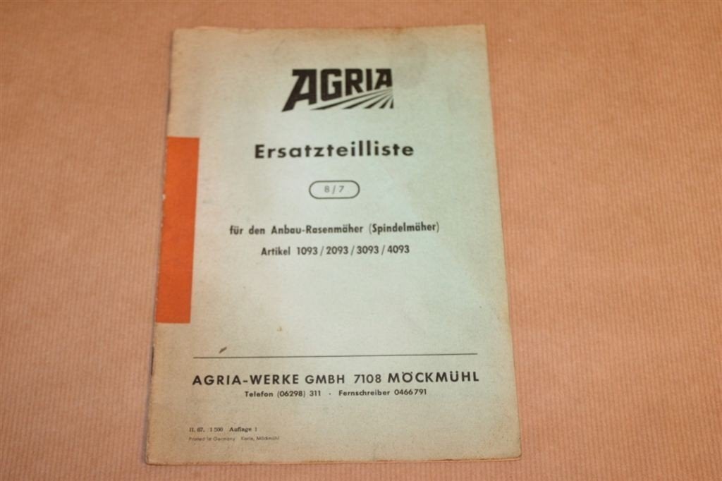 Agria Onderdelencatalogus - Grasmaaier - Ca 1965, Ophalen of Verzenden, Gelezen, Bouwkunde