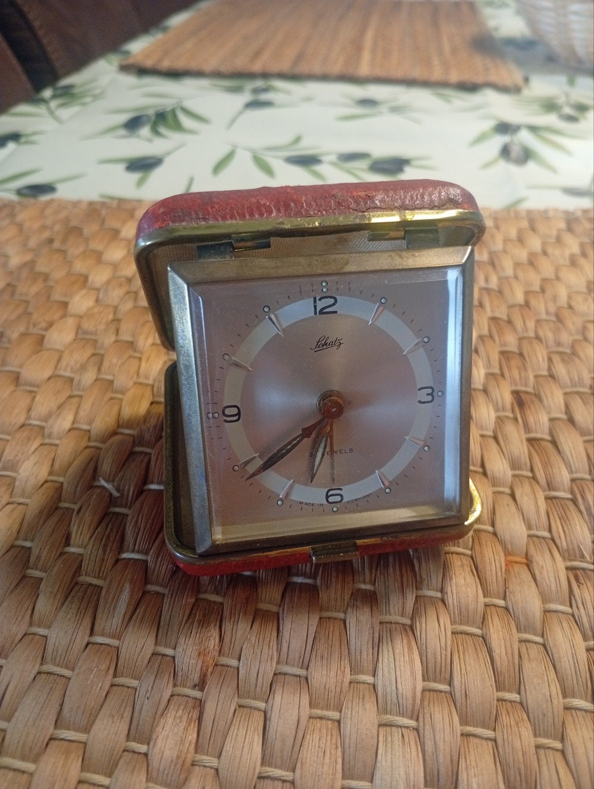 Vintage Schatz Reiswekker in Rood Leren Etui, Ophalen of Verzenden