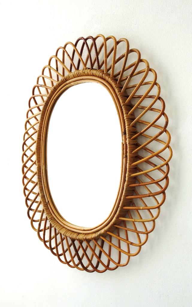 Vintage bamboe spiegel ovaal Wicker rotan XXL Franco Albini, Gebruikt, Ophalen of Verzenden, Minder dan 100 cm, Ovaal