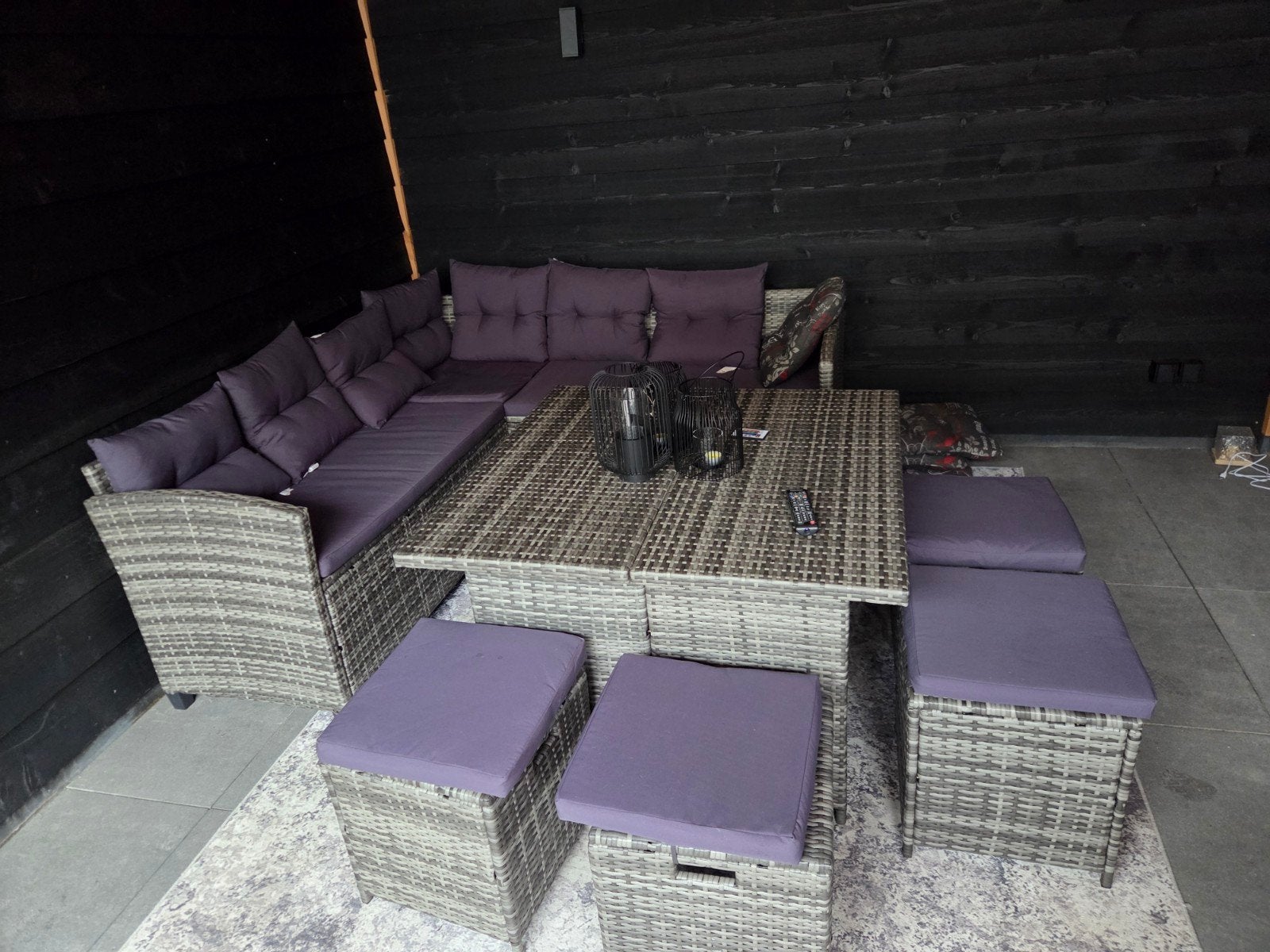 grijs,maat lounge 174x174,tafel 1bij1 meter, 5 zitplaatsen, Kunststof, Ophalen of Verzenden, Zo goed als nieuw
