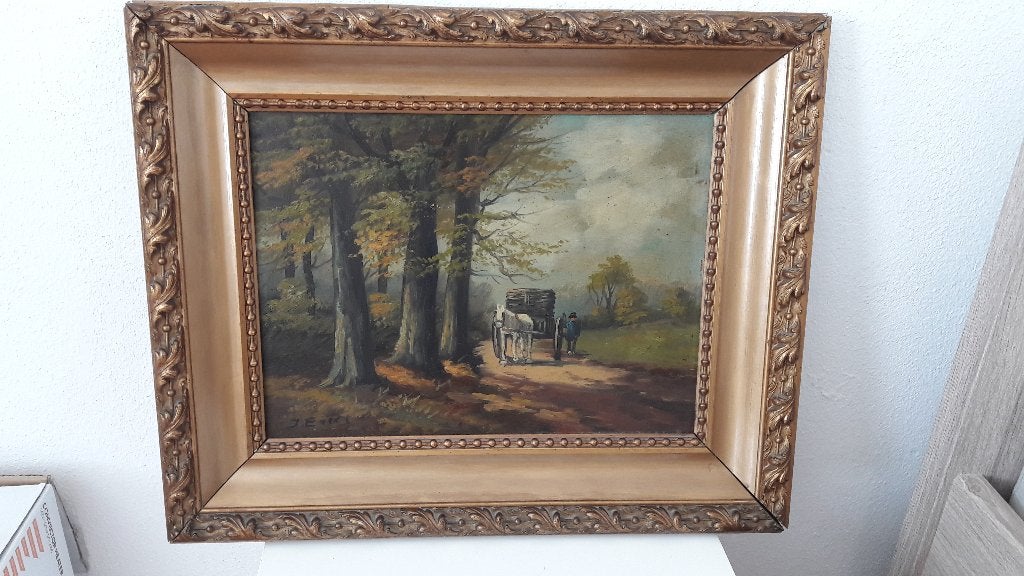 Schilderij op hout, Man met paard wagen op bospad, Antiek en Kunst, Kunst | Schilderijen | Klassiek, Ophalen, Paneel, Origineel werk