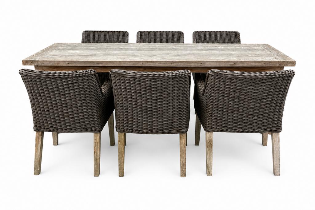 Robuuste Teakhouten Tuintafel met Wicker Stoelen, Ophalen, Gebruikt, Eettafel, 6 zitplaatsen