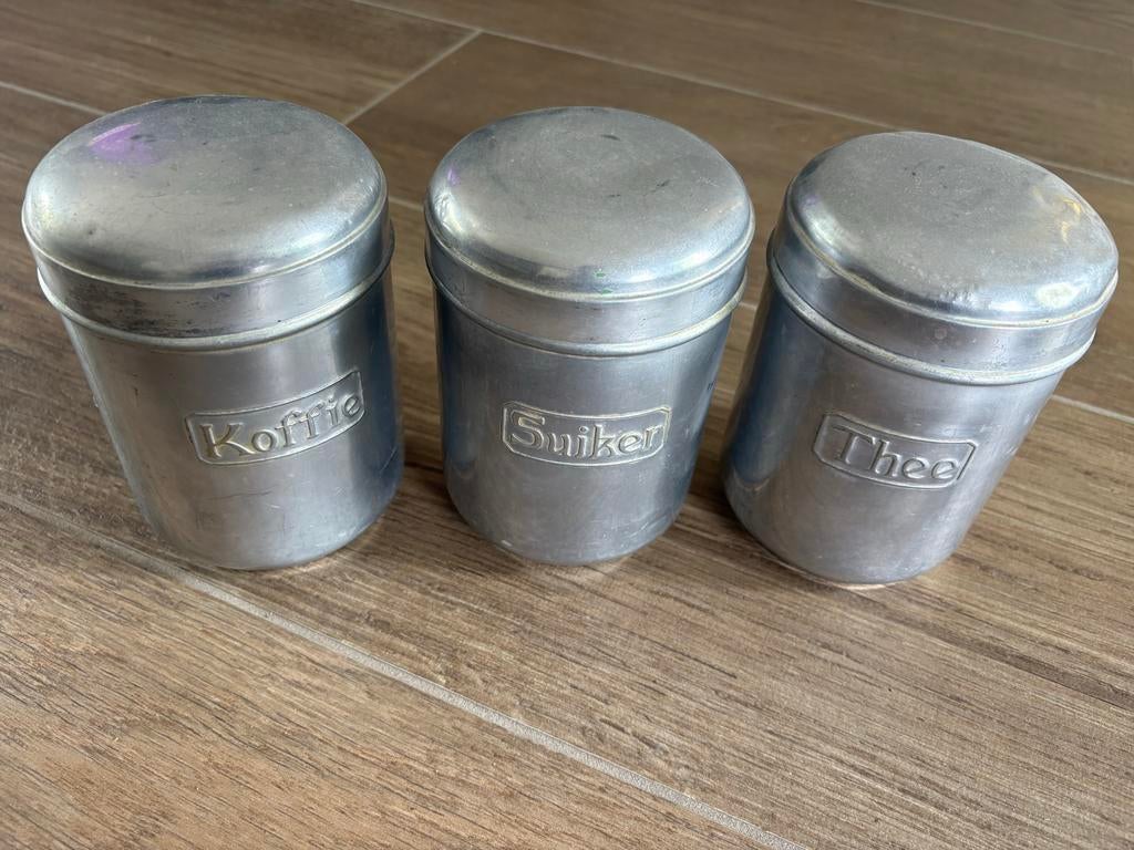 Vintage aluminium koffie, thee en suiker potten set, Antiek en Kunst, Ophalen of Verzenden