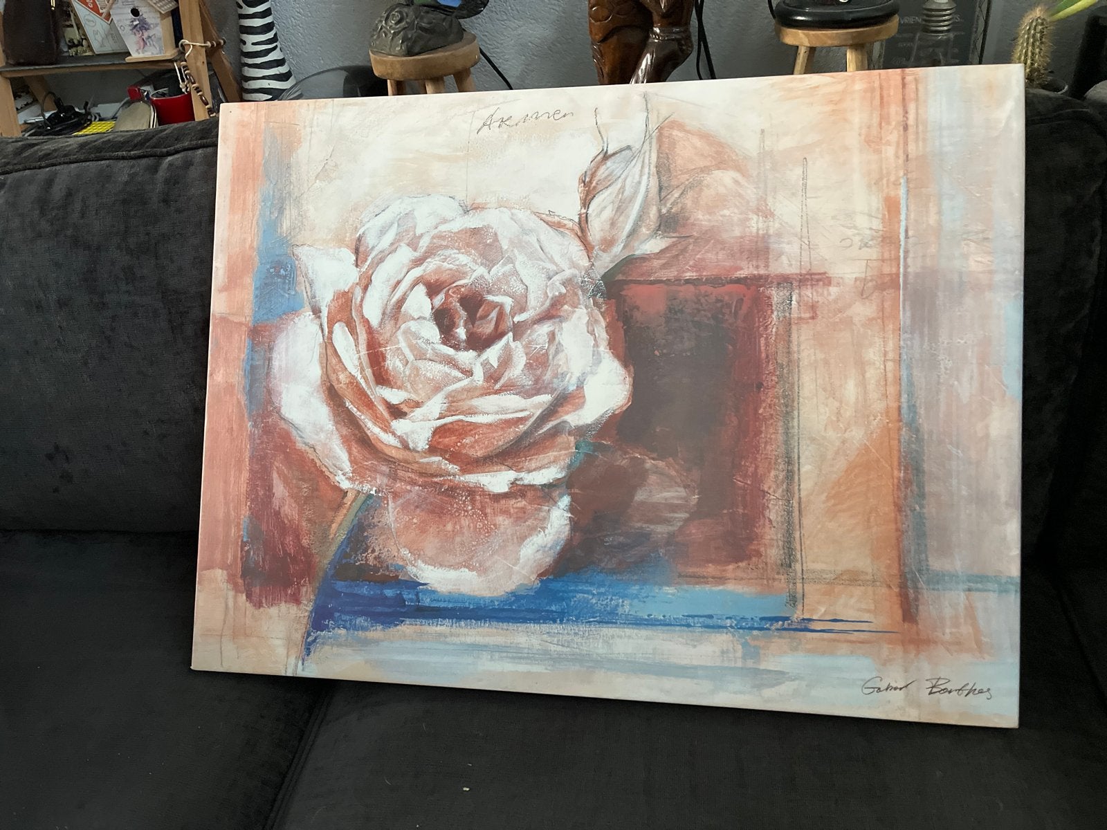 Schilderij 'Roos' van Sabine Barthez op doek, Antiek en Kunst, Print, Ingelijst, Ophalen, Bloemen