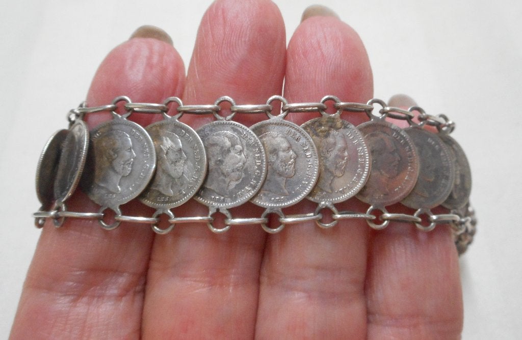 Zilveren antieke munten armband koning willem III nr.1462, Verzenden, Zilver, Armband