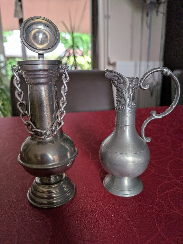 Mooie tinnen baardmanskruik met engelmerk, en kettingkan., Ophalen of Verzenden