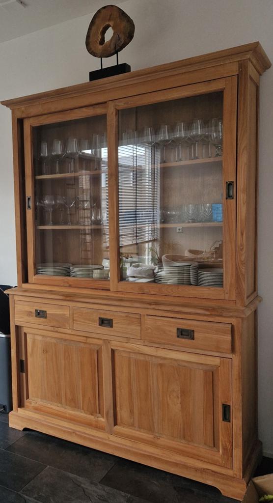 Teakhouten buffetkast vitrinekast - Onbehandeld in topstaat, Huis en Inrichting, Kasten | Buffetkasten, Ophalen, 200 cm of meer
