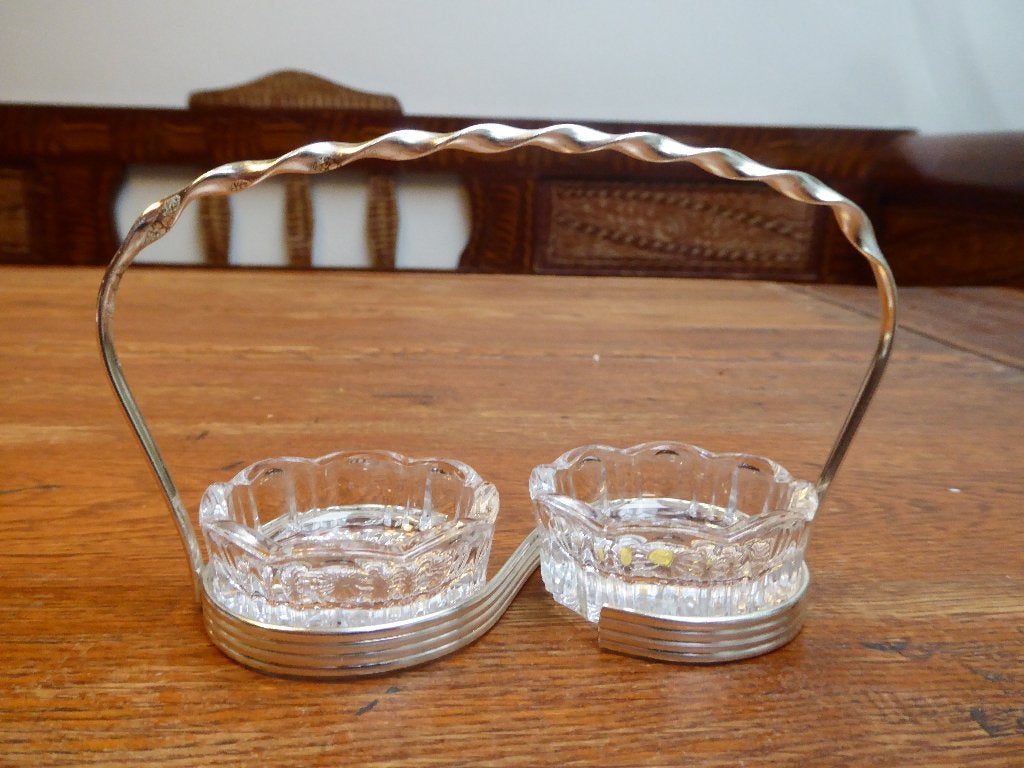 Vintage peper en zout setje, kristal en metaal (1)
