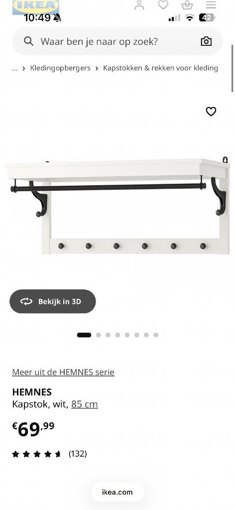 IKEA Hemnes wandkapstok van wit hout met zwarte details., Huis en Inrichting, Woonaccessoires | Kapstokken, Zo goed als nieuw
