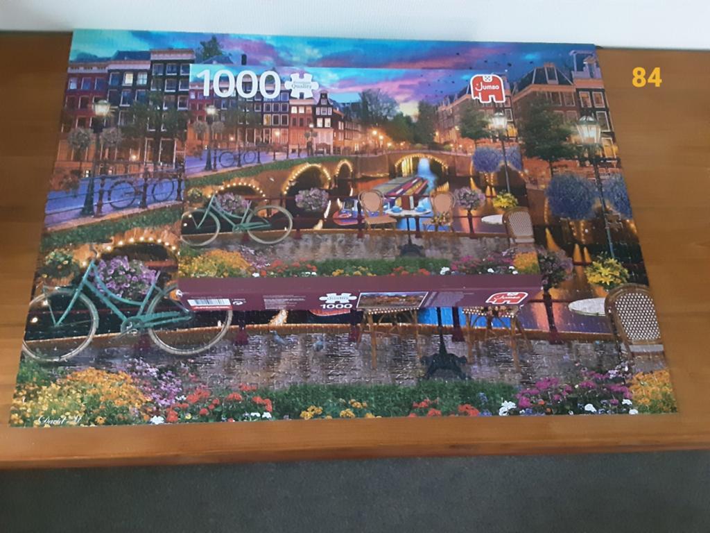 Puzzel 1000 stukjes "mist 1 stukje" Jumbo Amsterdamse gracht, Ophalen of Verzenden, 500 t/m 1500 stukjes, Gebruikt