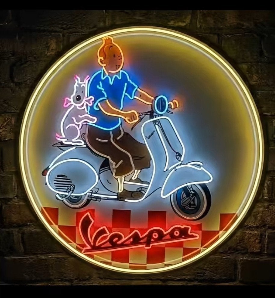 Kuifje bobbie op een Vespa neon licht reclame decoratie lamp, Ophalen of Verzenden, Nieuw, Lichtbak of (neon) lamp