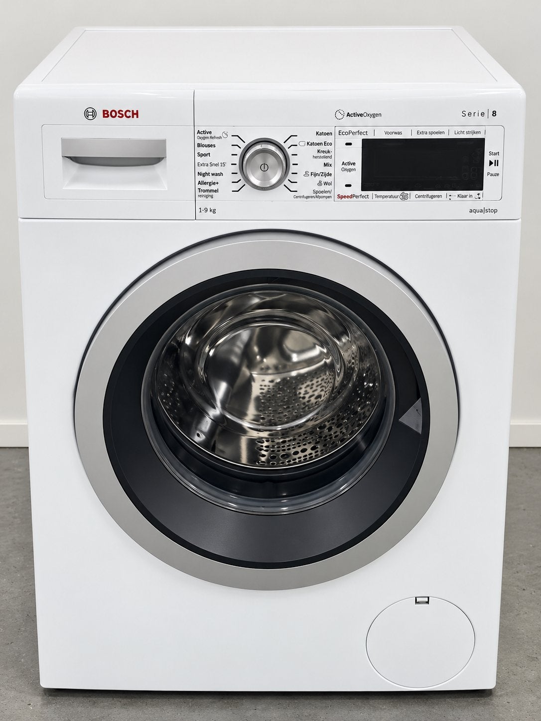 Bosch Serie 8 Wasmachine | 9 KG | ActiveOxygen | Garantie, Ophalen, Zo goed als nieuw, 85 tot 90 cm, 1200 tot 1600 toeren