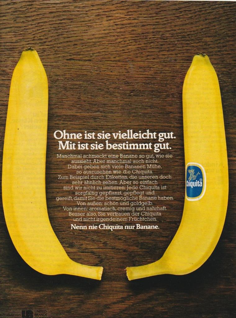 Retro reclame 1978 Chiquita bananen met etiket beter, Verzenden, Overige typen