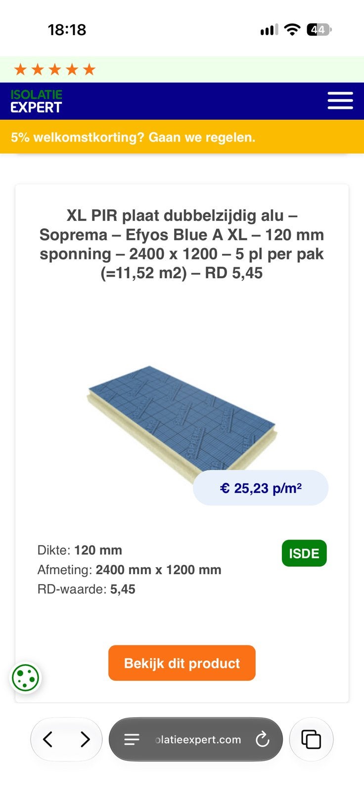 PIR Soprema 2400x1200 XL 120mm Rd:5,45, Ophalen, Zo goed als nieuw, Minder dan 5 m², Zeil