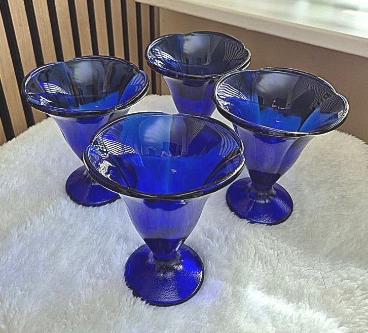 6 Vintage Kobaltblauwe ijscoupes / dessertglazen, Huis en Inrichting, Glas of Glazen, Vintage, Ophalen of Verzenden, Glas