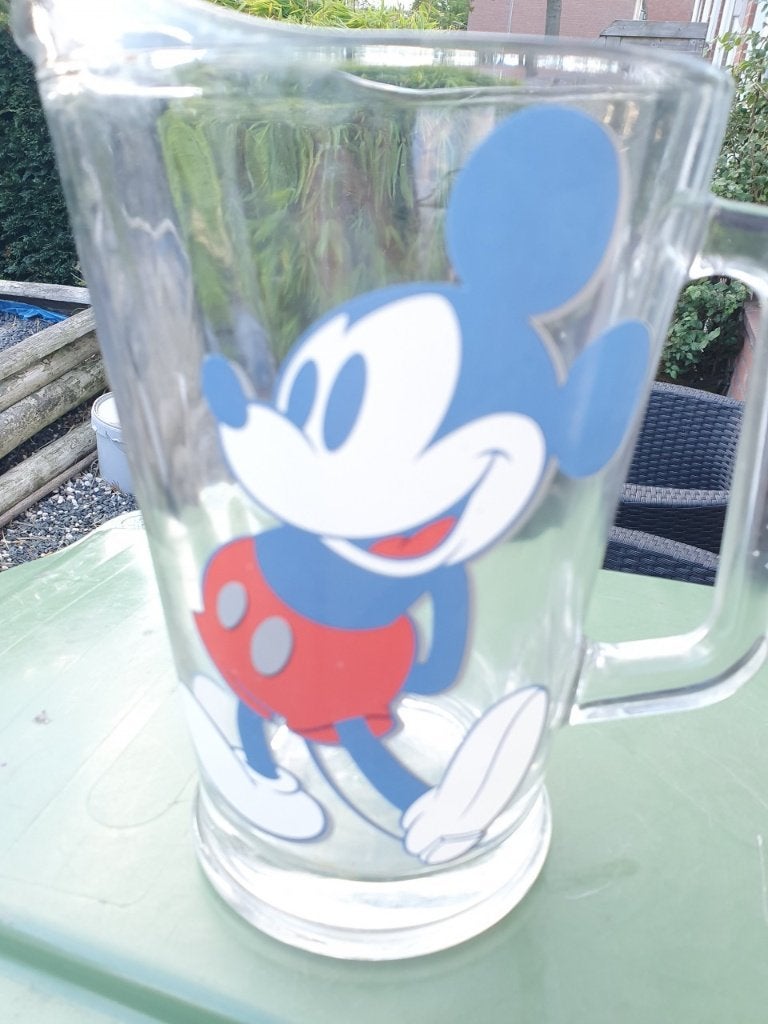 Prachtige dikke glazen limonade kan, schenkkan Mickey Mouse,, Ophalen of Verzenden