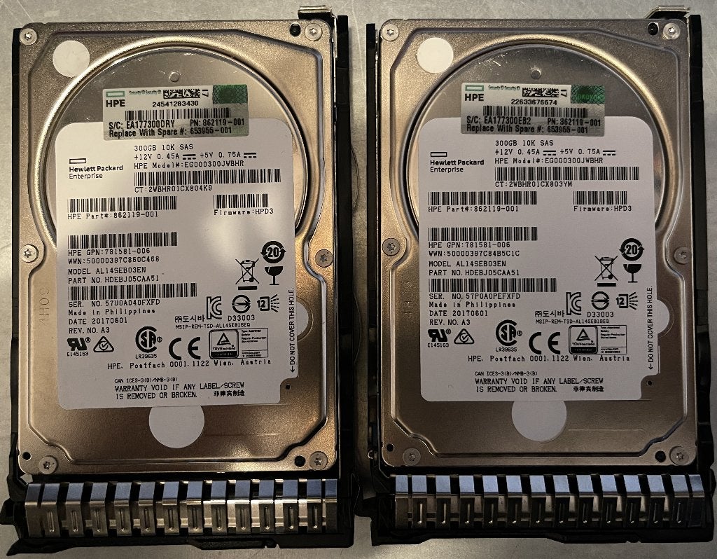 2x HP 300GB 10K SAS 12G EG000300JWBHR / AL14SEB03EN, Ophalen, Intern, Gebruikt, SAS