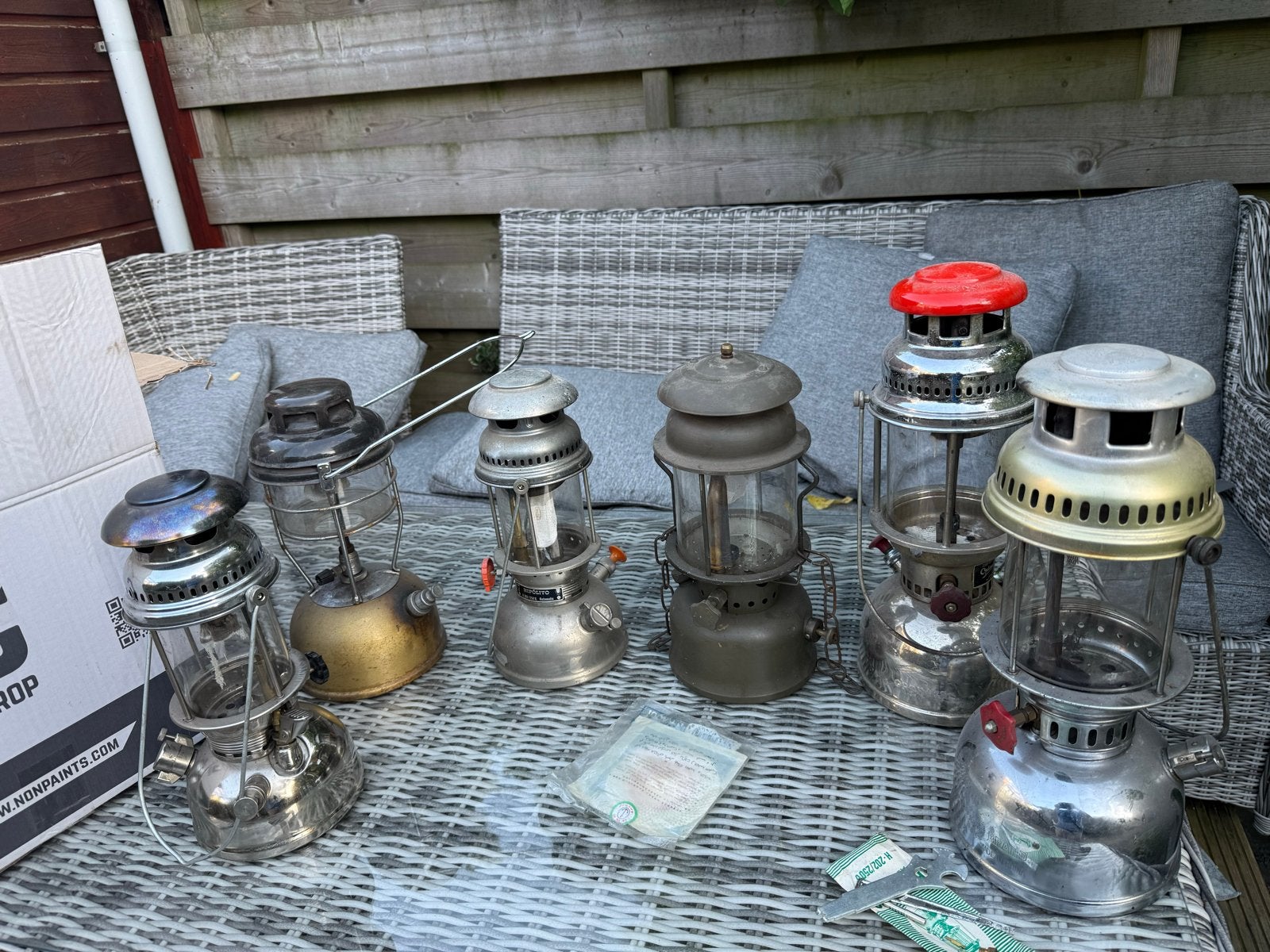 Partij van 6vintage petroleumlampen, Optimus, Hipolito, Ker, Ophalen of Verzenden