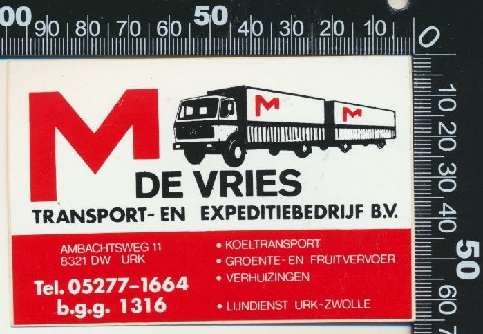 Sticker: De Vries Transport en Expeditiebedrijf - Urk, Verzamelen, Ophalen of Verzenden, Zo goed als nieuw, Bedrijf of Vereniging
