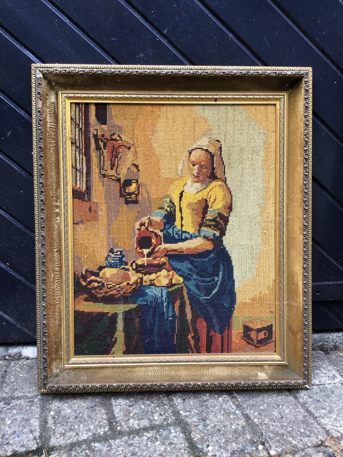 Vintage borduurwerk 'Melkmeisje' in lijst - 49x57 cm, Ophalen, Doek, Overige technieken, Klassiek