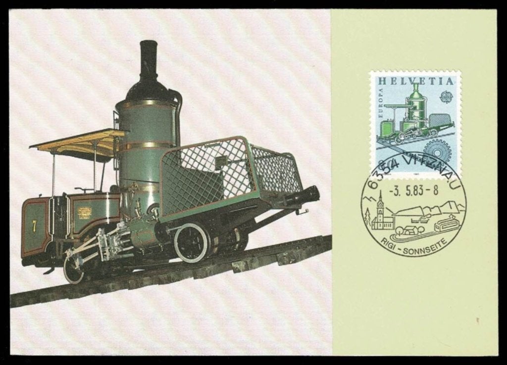 Spoorwegen : Zwitserland - Zahnradbahn Vitznau-Rigi - 1983, Ophalen of Verzenden, Trein, Kaart of Prent