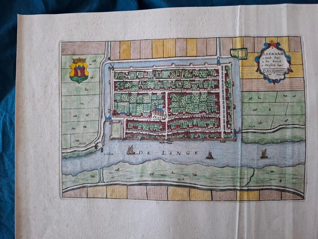 Ingekleurde gravure ets Leerdam, Antiek en Kunst, Kunst | Etsen en Gravures, Ophalen of Verzenden