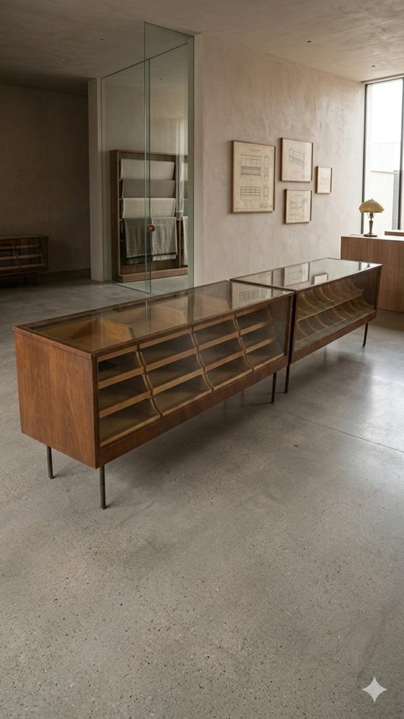 Vintage Mid-Century Modern Winkeltoonbanken (2 stuks), Ophalen