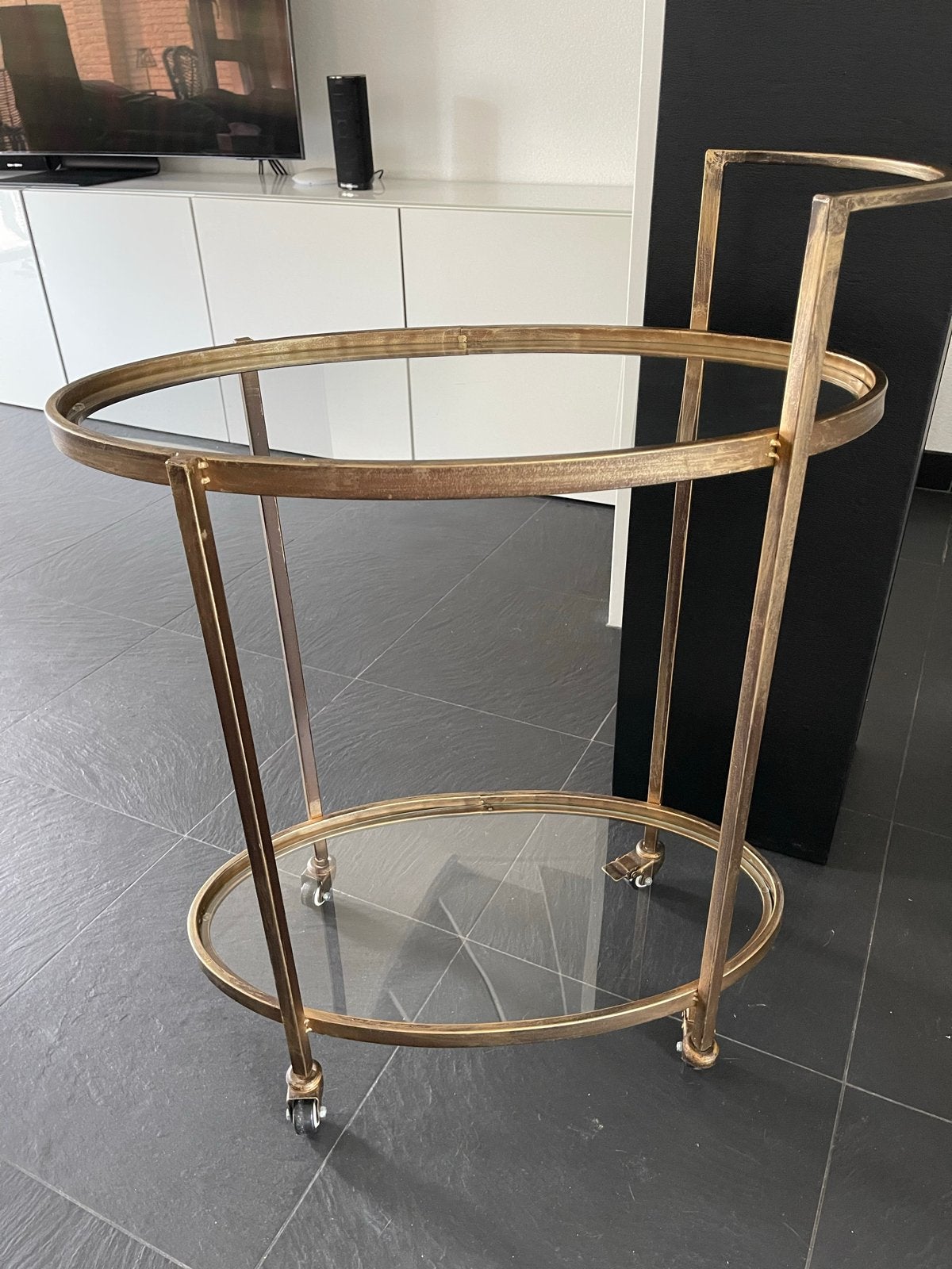 WOOOD push trolley serveerwagen brons met glas, Ophalen, Gebruikt, 55 tot 75 cm, Glas