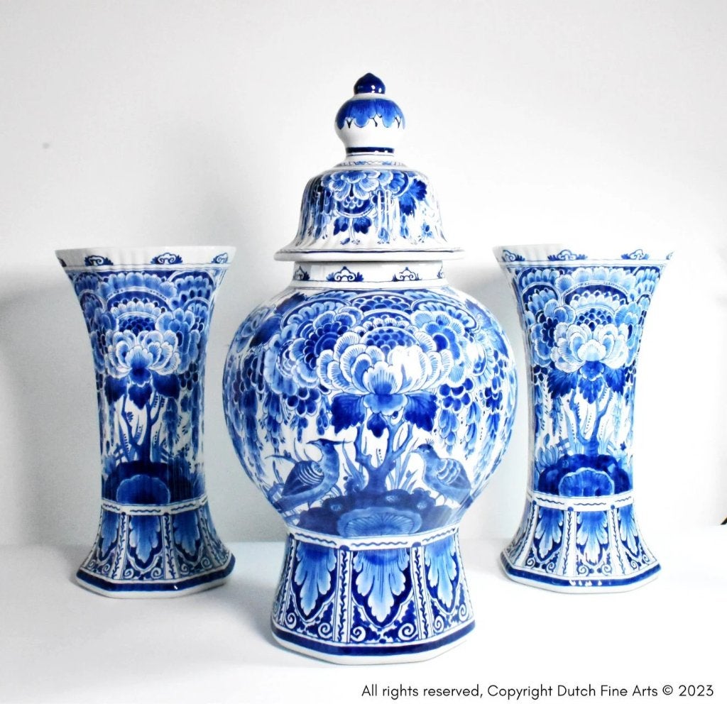 Porceleyne fles vazen set en dekselpot, Antiek en Kunst, Ophalen of Verzenden