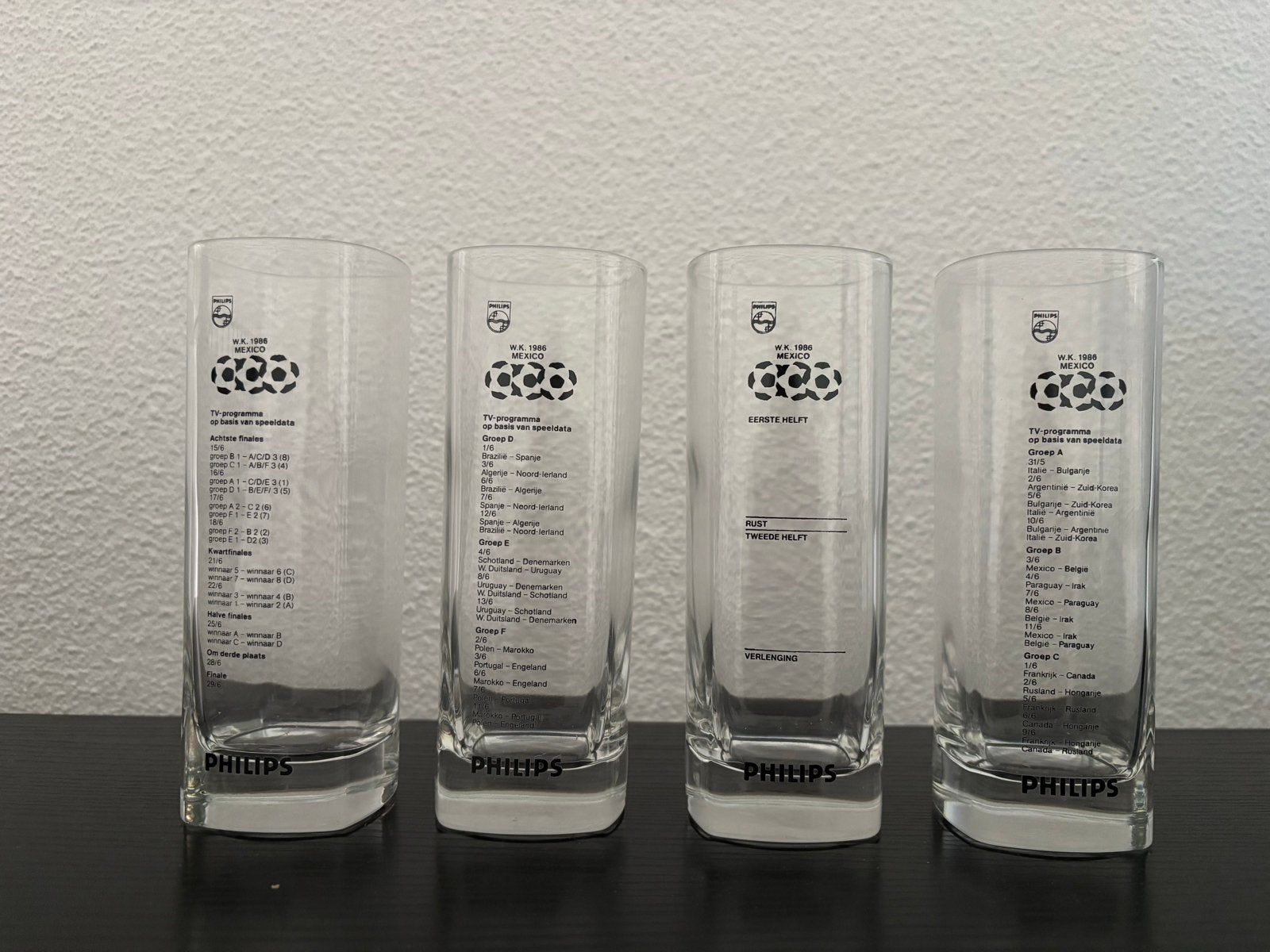 Philips WK Voetbal 1986 Mexico Herinneringsglazen (4 stuks), Ophalen of Verzenden, Zo goed als nieuw, Overige merken, Glas