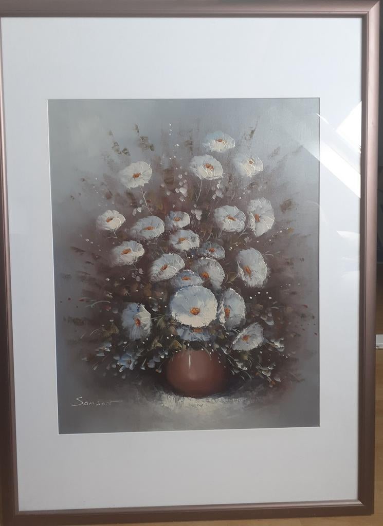 Schilderij met witte bloemen in vaas, Ophalen of Verzenden