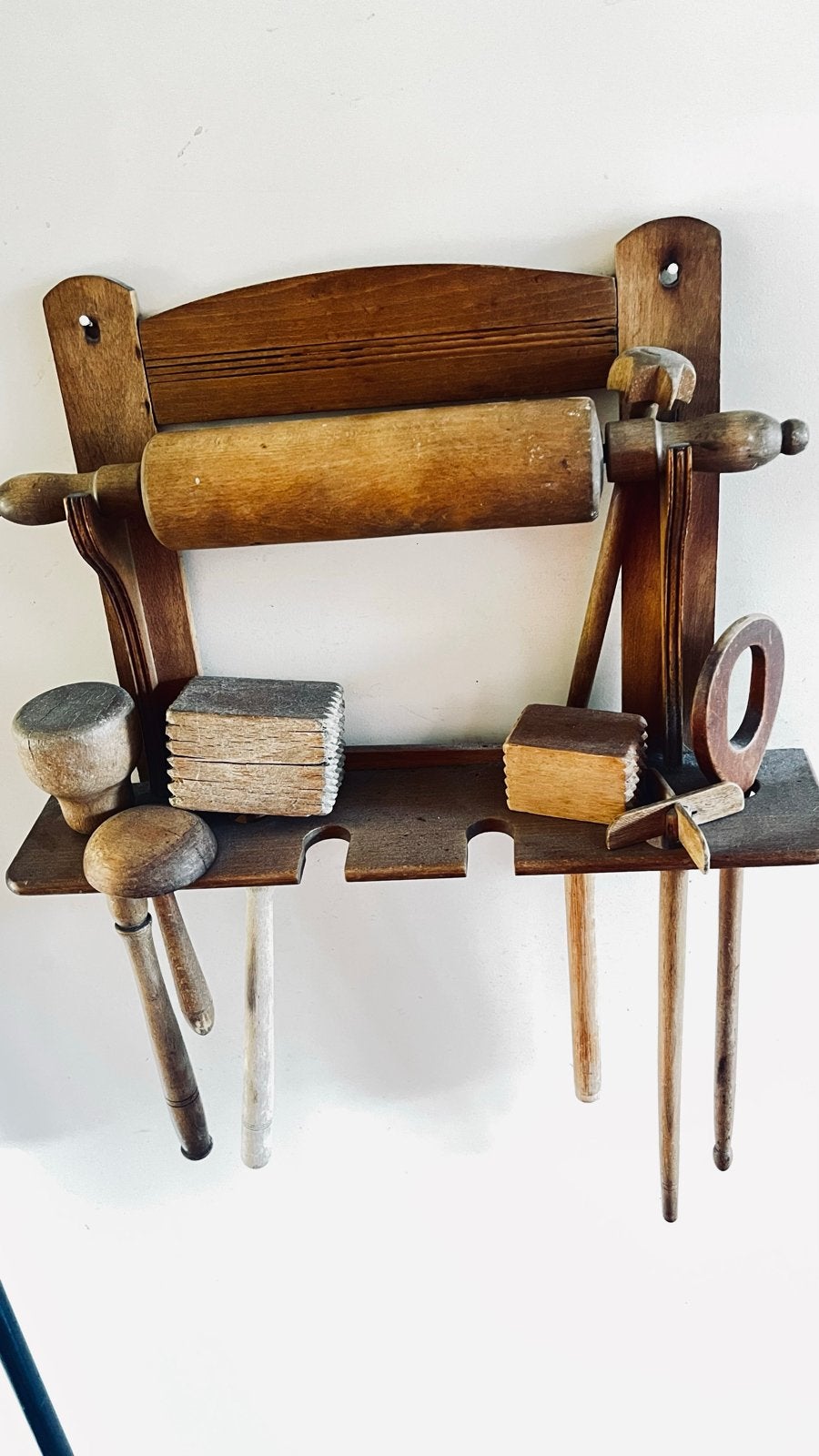Vintage houten rek met deegroller set, Antiek en Kunst, Ophalen