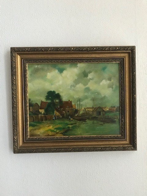 Schilderij van P. Harberts, Stads- / dorpsgezicht, Paneel, Acrylverf, Ingelijst
