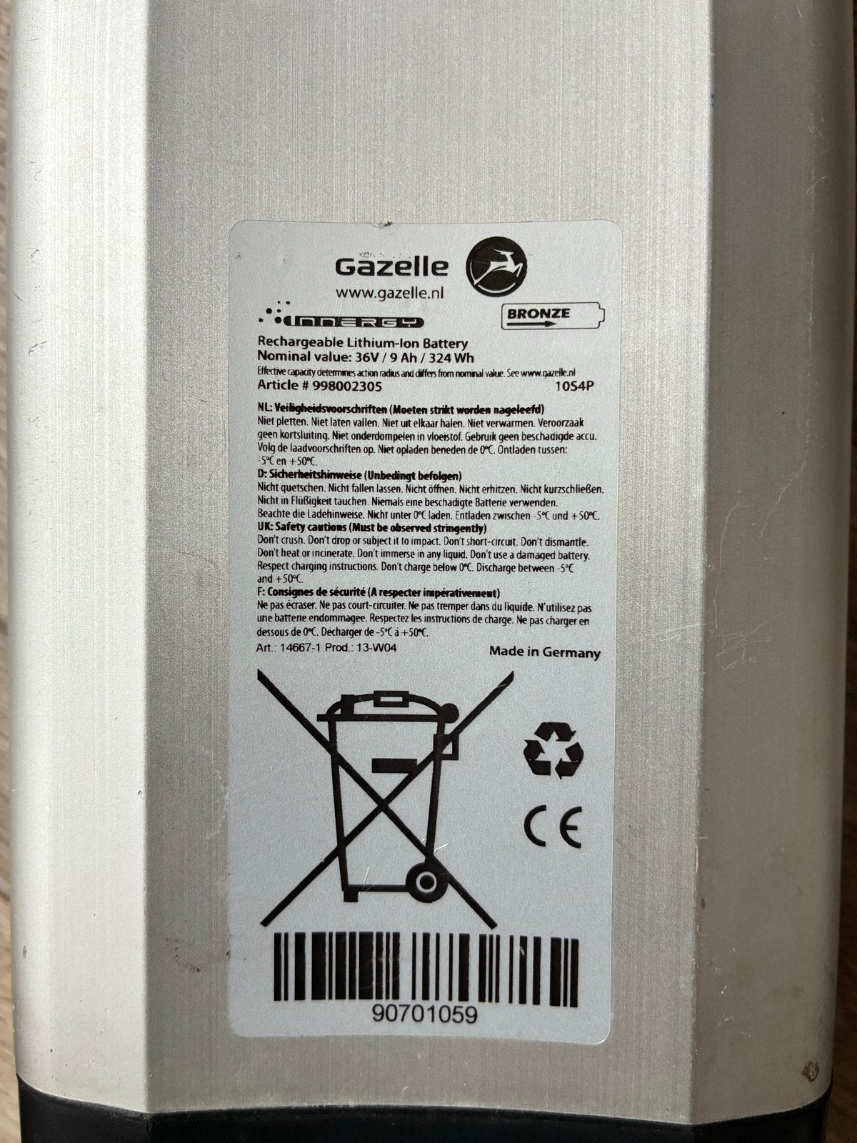 Gazelle Innergy BRONZE E-bike defecte accu 36V 9Ah 324Wh, Ophalen, Gebruikt