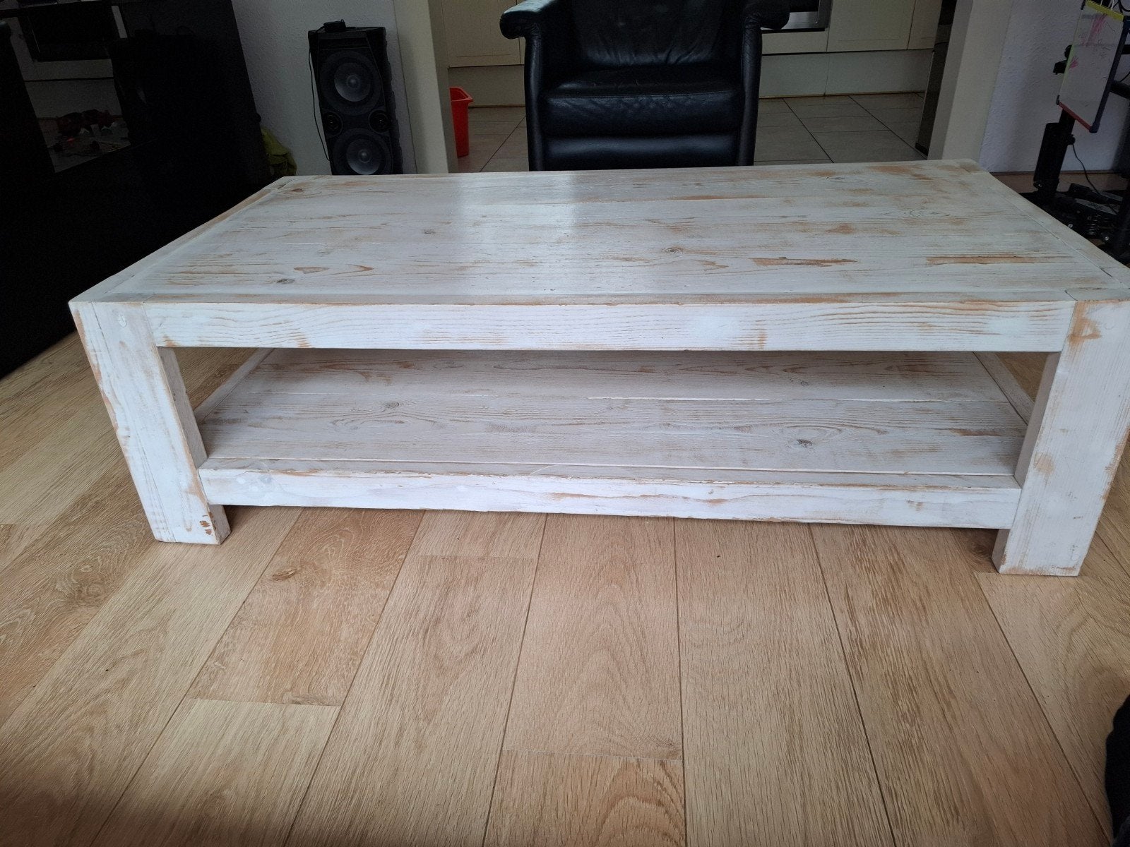 Robuuste salontafel van steigerhout met whitewash look, Ophalen, Gebruikt, 100 tot 150 cm, 50 tot 100 cm