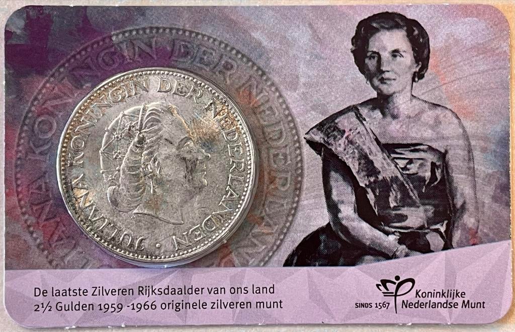 Historische Laatste Zilveren Rijksdaalder 1961 in Coincard, Koningin Juliana, Zilver, Ophalen of Verzenden, Losse munt