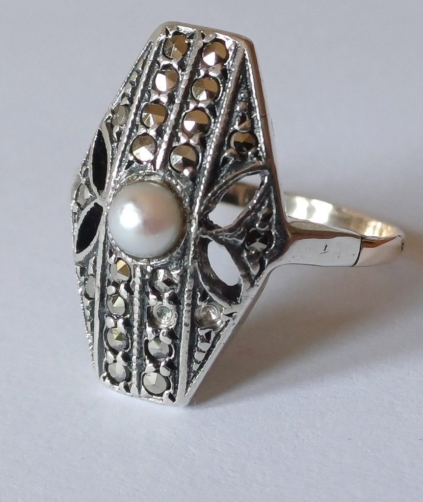 Antieke Art Deco witgouden ring, parel en steentjes, Ophalen of Verzenden, Goud, Ring