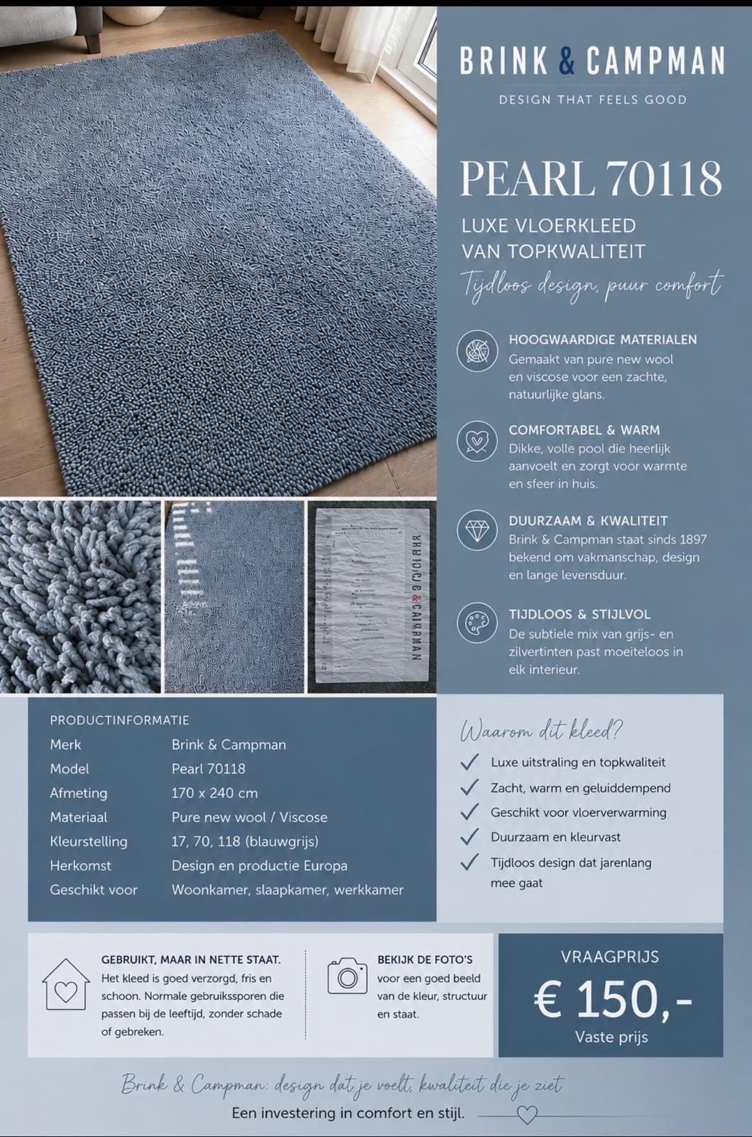 Mooi blauw grijs vloerkleed, Ophalen, Hoog polig, Blauw, Zo goed als nieuw