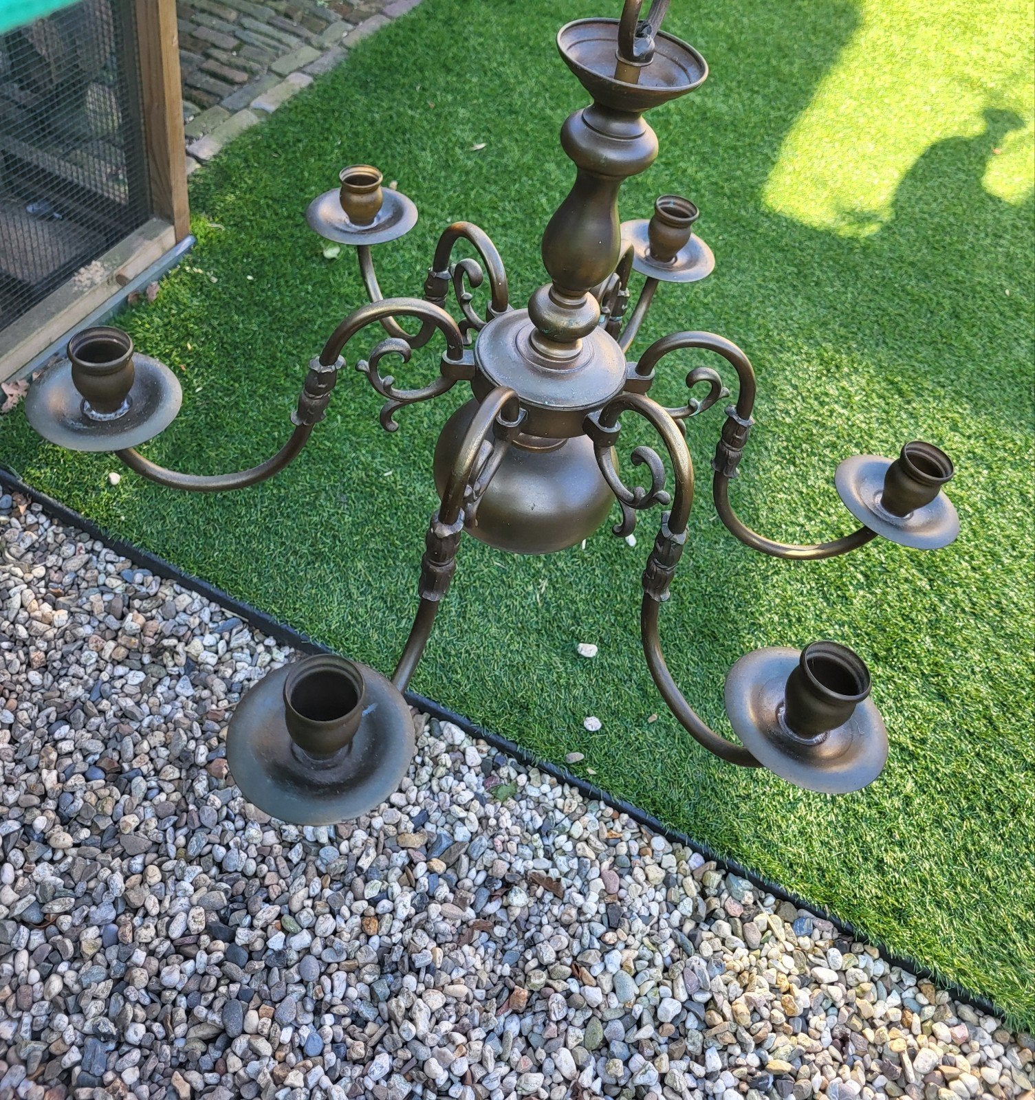 Antieke bronzen kroonluchter met 6 armen, Ophalen of Verzenden
